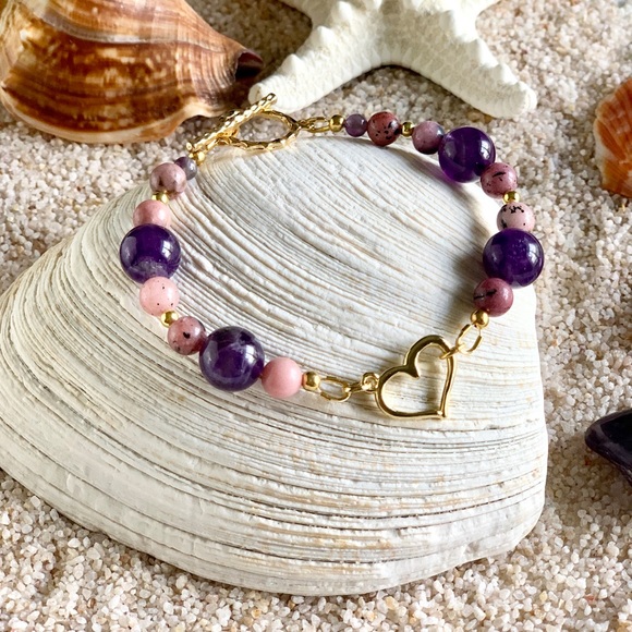 Genuine 14k Gold Plated Heart & Gemstone Bracelet - Keep Your Heart Centered - Picture 8 of 9